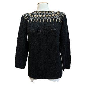 Liz Claiborne Vtg 80’s Black & Metallic Silver Gold Knit Silk‎ Blend Sweater Lg
